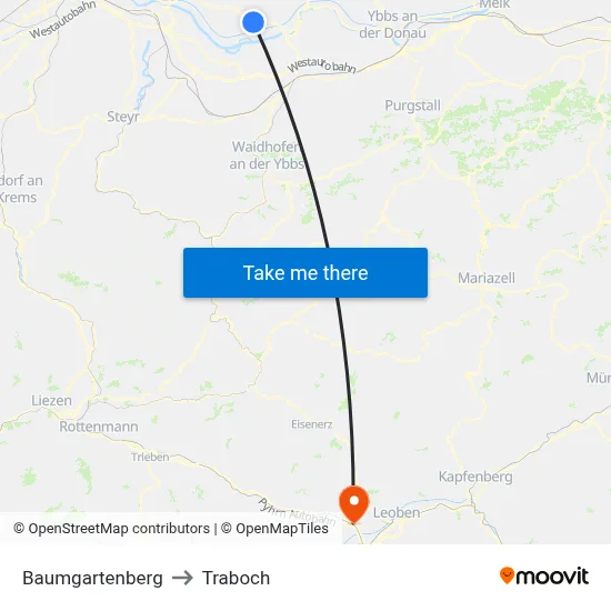 Baumgartenberg to Traboch map