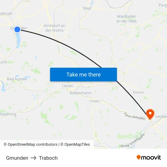 Gmunden to Traboch map