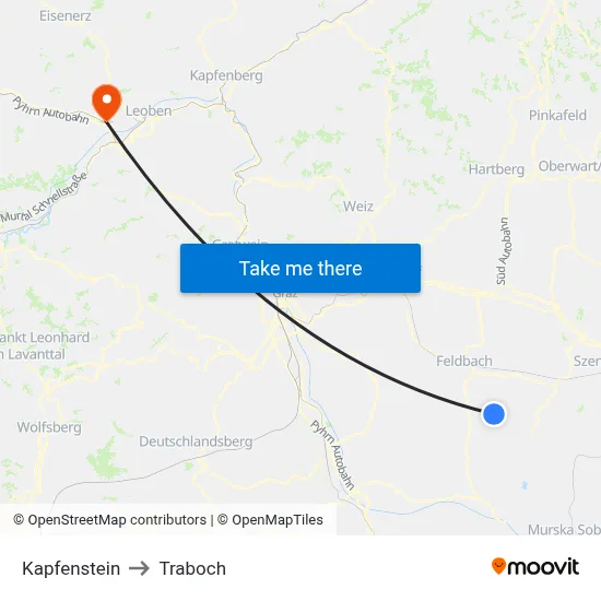 Kapfenstein to Traboch map