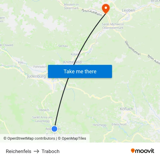 Reichenfels to Traboch map
