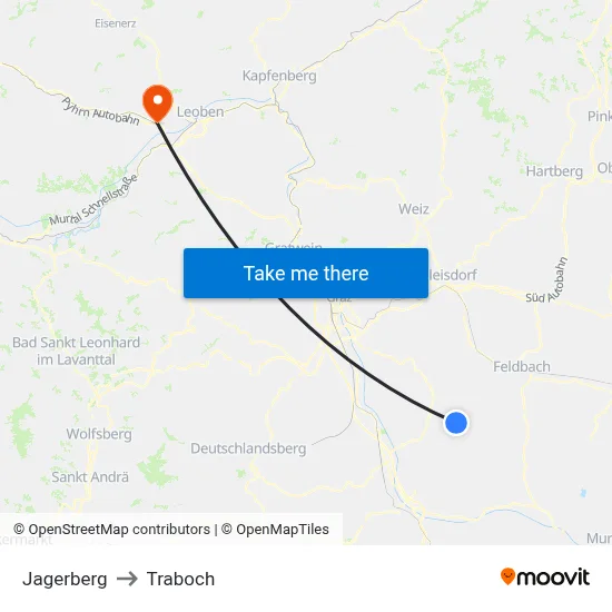 Jagerberg to Traboch map