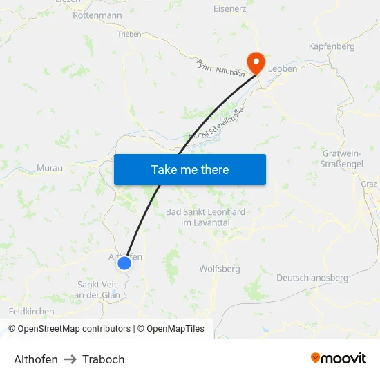 Althofen to Traboch map
