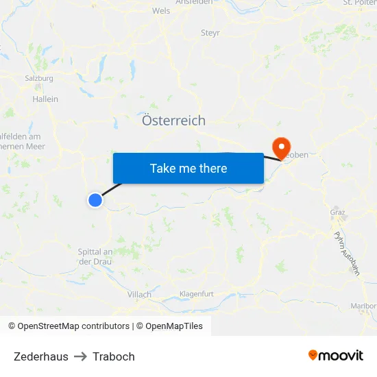 Zederhaus to Traboch map