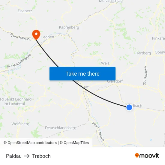 Paldau to Traboch map