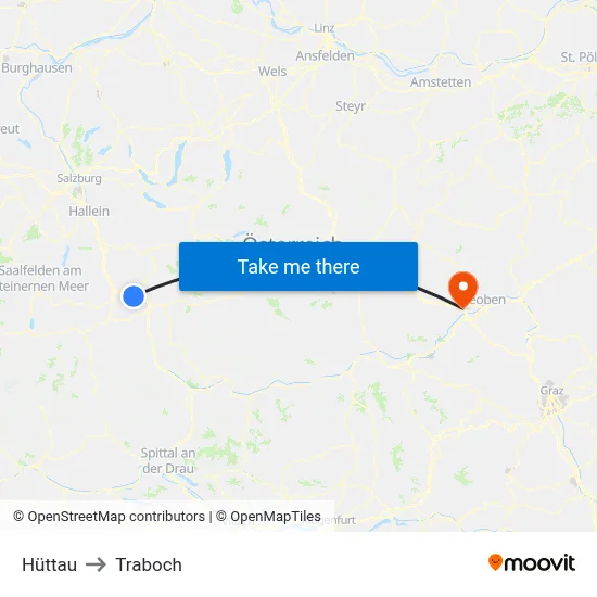 Hüttau to Traboch map