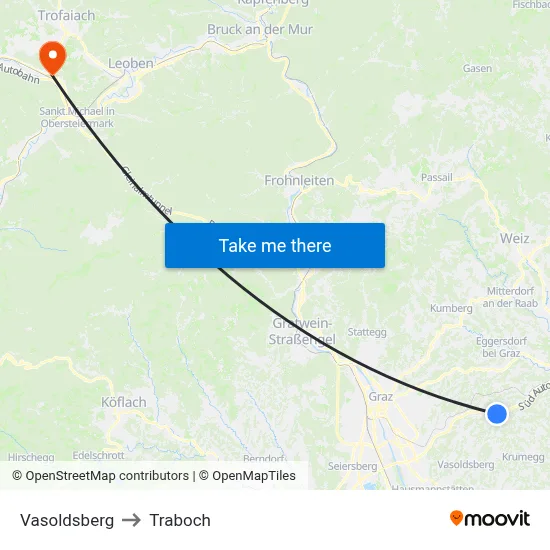 Vasoldsberg to Traboch map