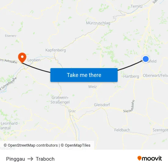 Pinggau to Traboch map