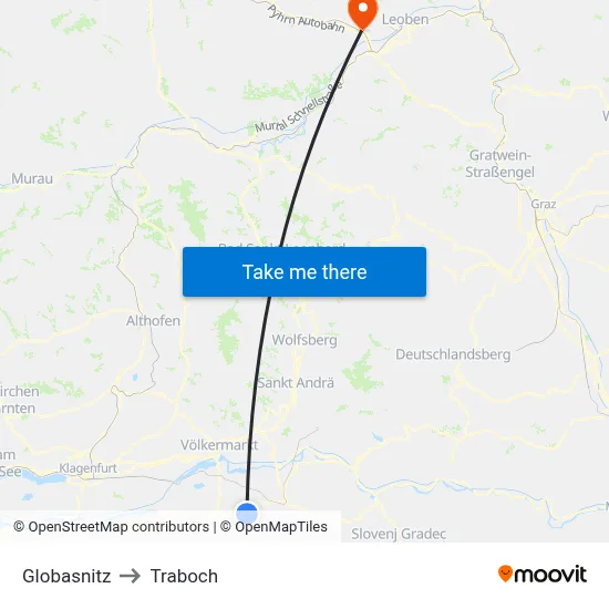 Globasnitz to Traboch map