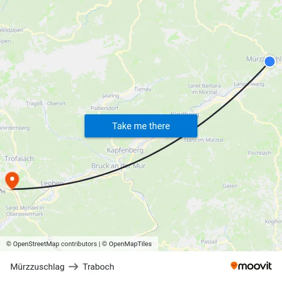 Mürzzuschlag to Traboch map