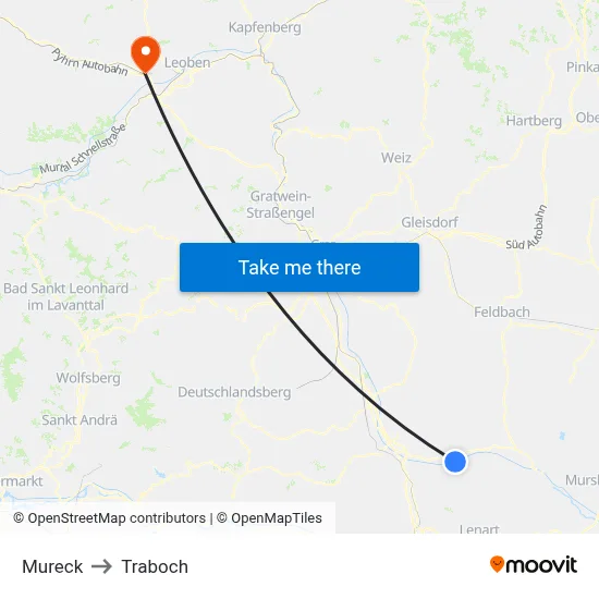 Mureck to Traboch map
