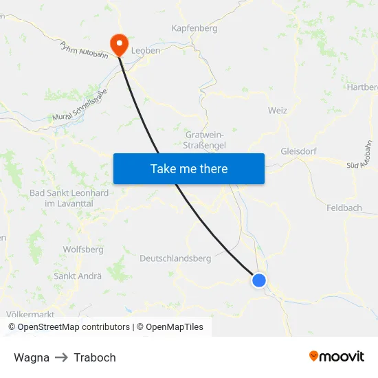 Wagna to Traboch map