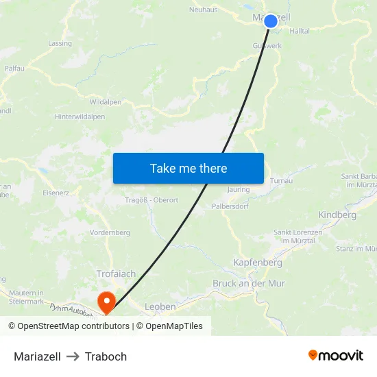Mariazell to Traboch map