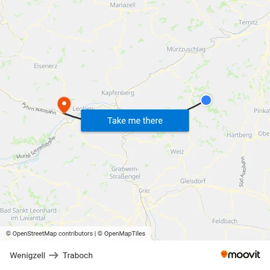 Wenigzell to Traboch map