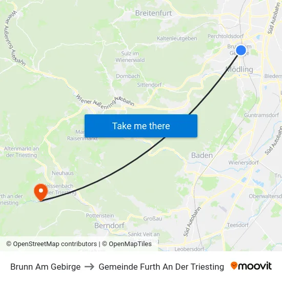 Brunn Am Gebirge to Gemeinde Furth An Der Triesting map