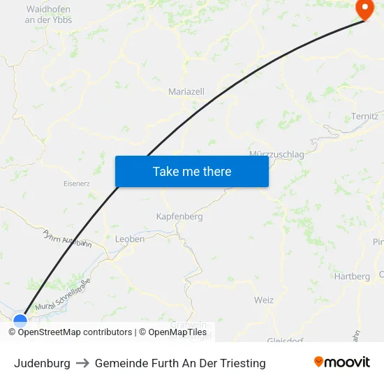 Judenburg to Gemeinde Furth An Der Triesting map