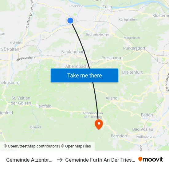 Gemeinde Atzenbrugg to Gemeinde Furth An Der Triesting map