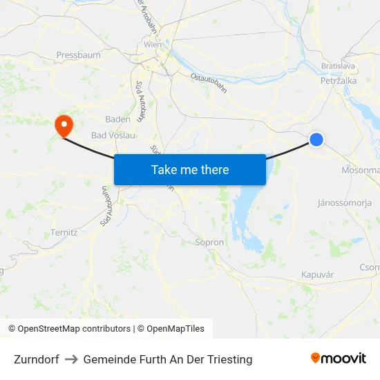 Zurndorf to Gemeinde Furth An Der Triesting map