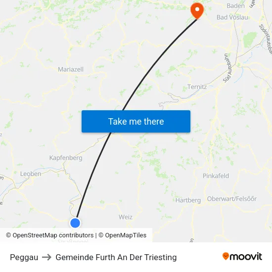 Peggau to Gemeinde Furth An Der Triesting map