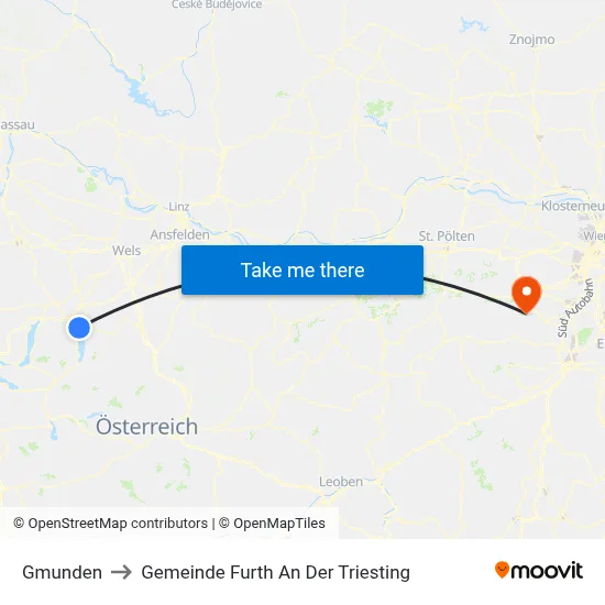 Gmunden to Gemeinde Furth An Der Triesting map