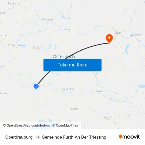 Oberdrauburg to Gemeinde Furth An Der Triesting map