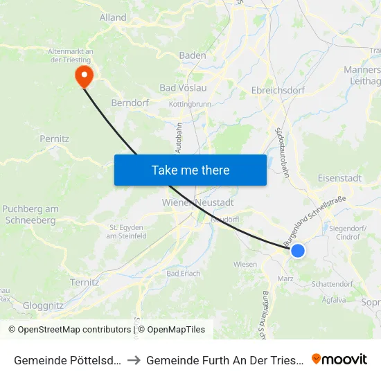 Gemeinde Pöttelsdorf to Gemeinde Furth An Der Triesting map
