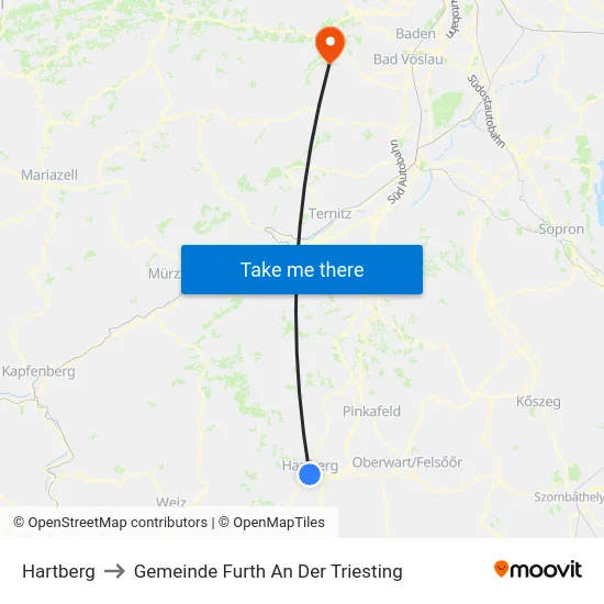Hartberg to Gemeinde Furth An Der Triesting map