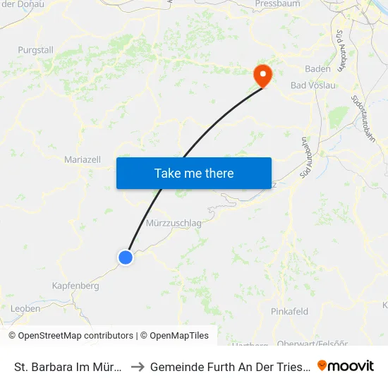 St. Barbara Im Mürztal to Gemeinde Furth An Der Triesting map