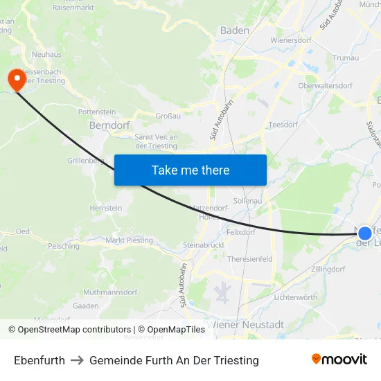 Ebenfurth to Gemeinde Furth An Der Triesting map