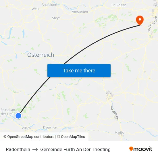Radenthein to Gemeinde Furth An Der Triesting map
