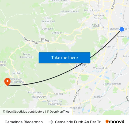 Gemeinde Biedermannsdorf to Gemeinde Furth An Der Triesting map