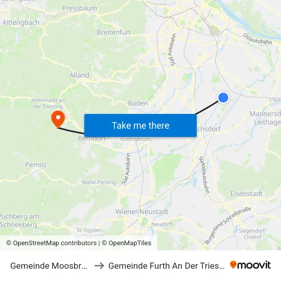 Gemeinde Moosbrunn to Gemeinde Furth An Der Triesting map