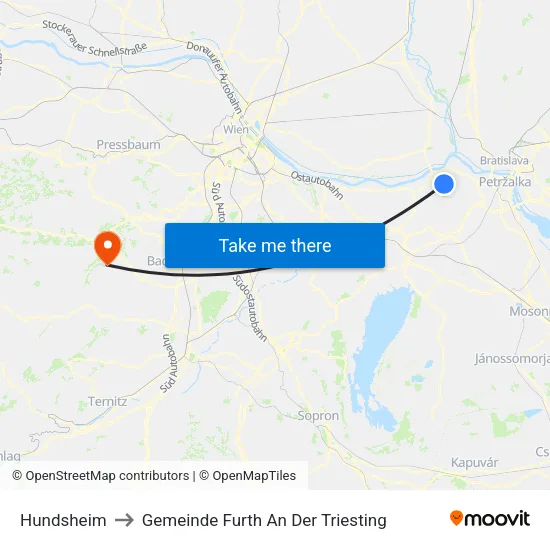 Hundsheim to Gemeinde Furth An Der Triesting map