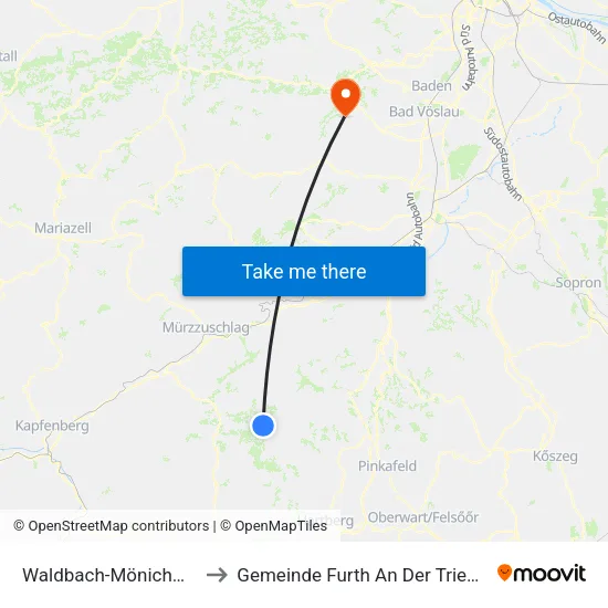 Waldbach-Mönichwald to Gemeinde Furth An Der Triesting map