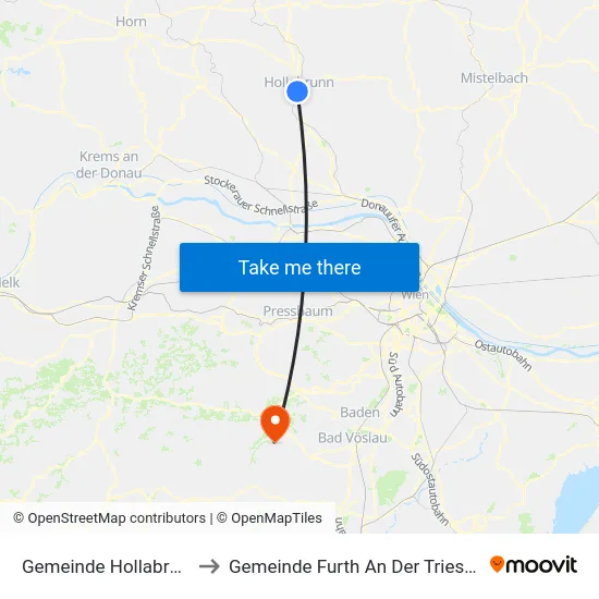 Gemeinde Hollabrunn to Gemeinde Furth An Der Triesting map