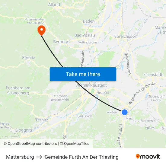 Mattersburg to Gemeinde Furth An Der Triesting map
