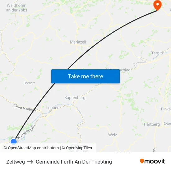 Zeltweg to Gemeinde Furth An Der Triesting map