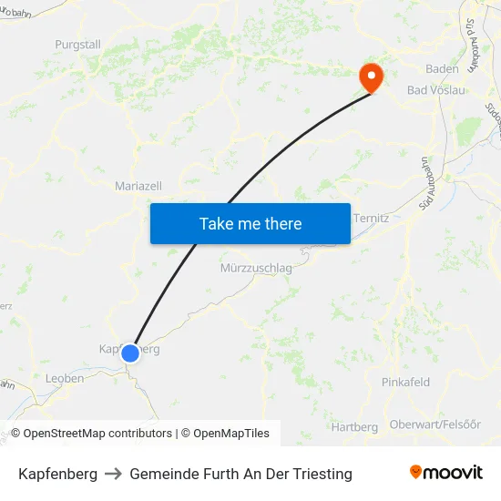 Kapfenberg to Gemeinde Furth An Der Triesting map