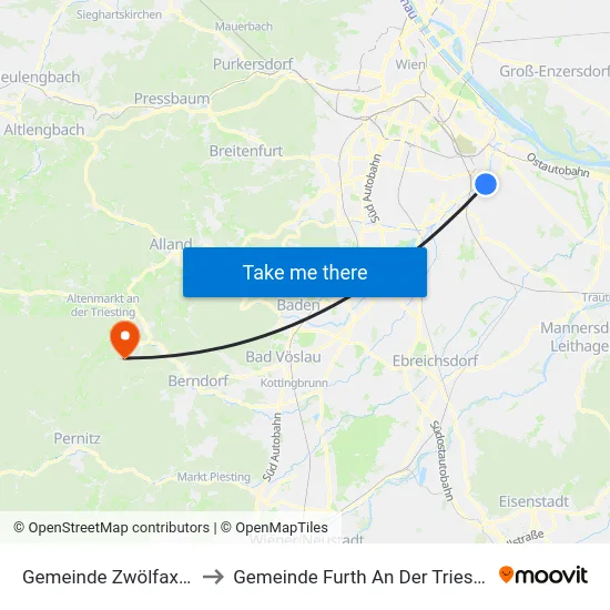 Gemeinde Zwölfaxing to Gemeinde Furth An Der Triesting map