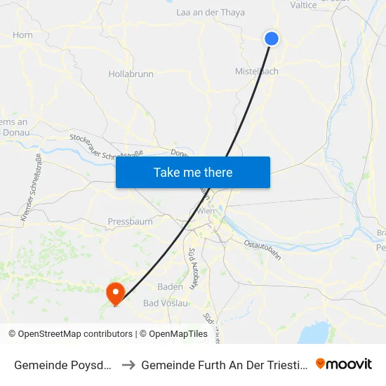 Gemeinde Poysdorf to Gemeinde Furth An Der Triesting map