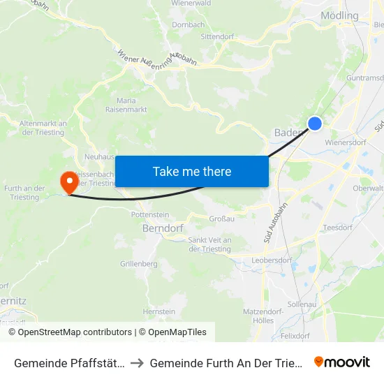 Gemeinde Pfaffstätten to Gemeinde Furth An Der Triesting map