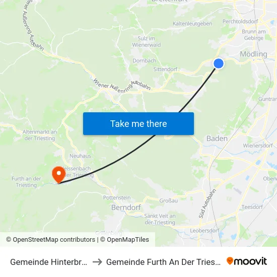 Gemeinde Hinterbrühl to Gemeinde Furth An Der Triesting map
