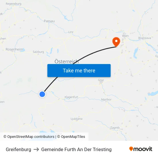 Greifenburg to Gemeinde Furth An Der Triesting map