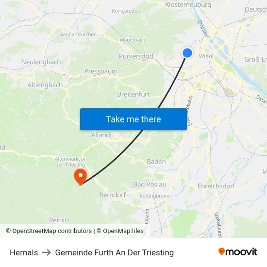 Hernals to Gemeinde Furth An Der Triesting map