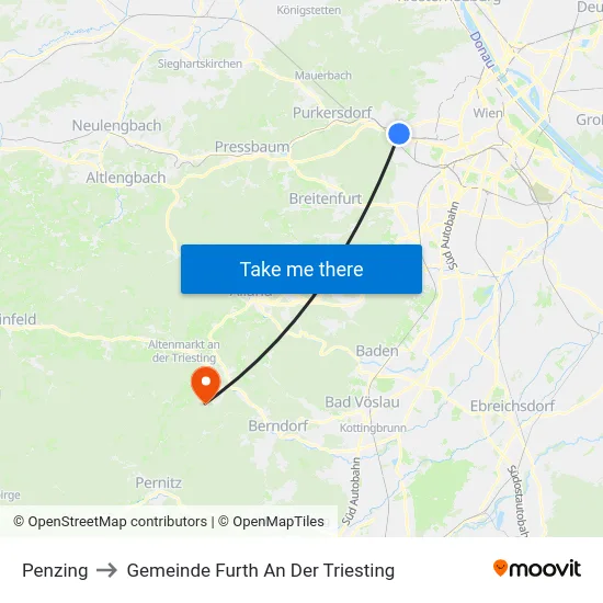 Penzing to Gemeinde Furth An Der Triesting map