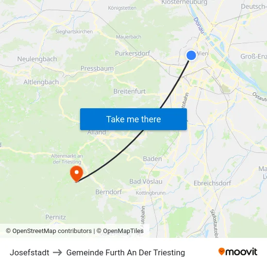 Josefstadt to Gemeinde Furth An Der Triesting map