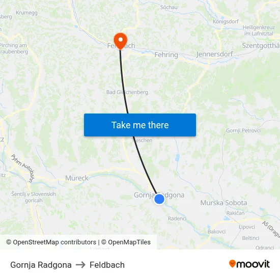 Gornja Radgona to Feldbach map