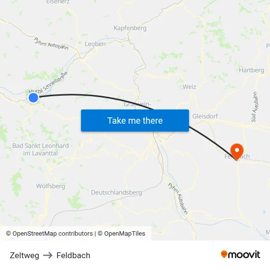 Zeltweg to Feldbach map