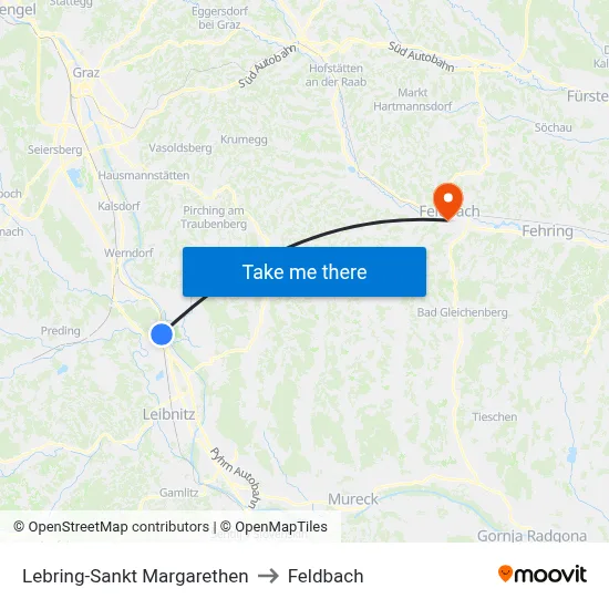 Lebring-Sankt Margarethen to Feldbach map