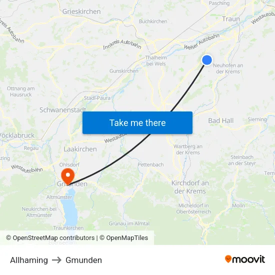 Allhaming to Gmunden map