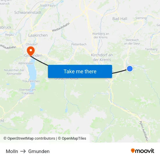 Molln to Gmunden map